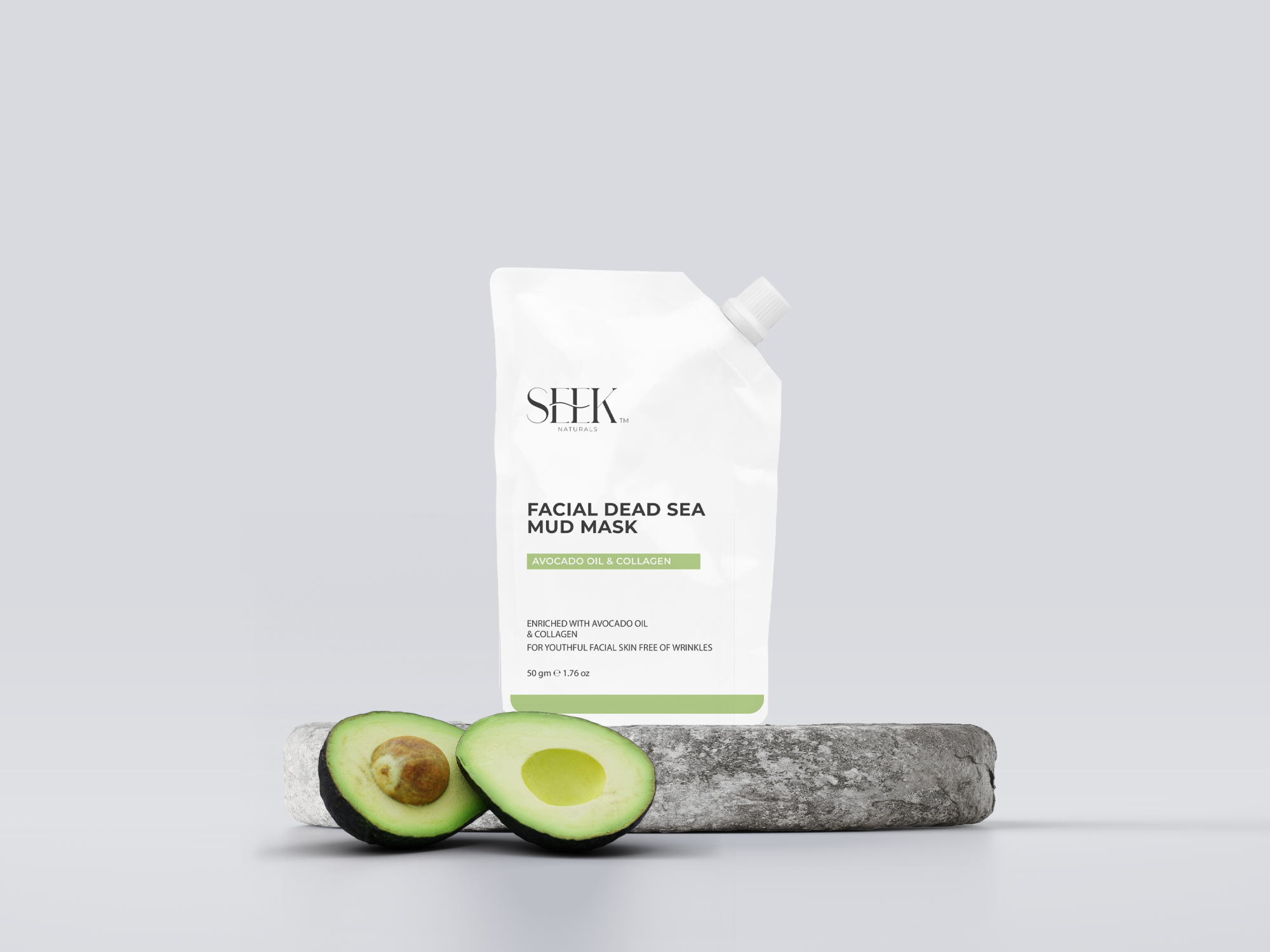 SEEK Naturals facial mud mask with collagen, avocado extract, and Dead Sea minerals in minimalist packaging